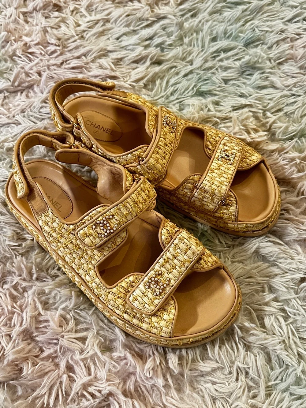 Chanel Authentic Raffia Pearl Velcro Dad Sandals Size 41